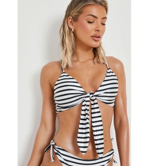 Black and White Tie Front Bikini Top - Picture 2 of 3